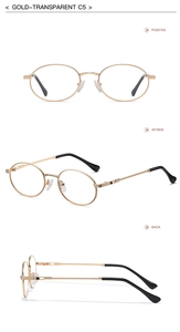 Detailansicht der goldenen ovalen Metall-Sonnenbrille mit klaren Gläsern und Bügeln