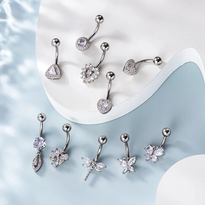 Selection of stainless steel belly rings with butterfly and heart zircon pendants