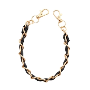 Dual-strand gold metal and black leather woven strap with lobster clasps for bags