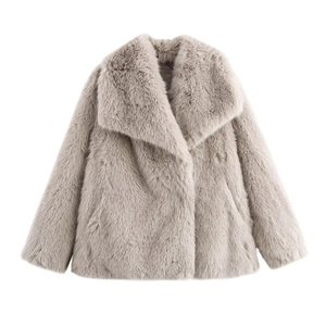 Close-up of the soft faux fur texture and wide lapel on this light grey winter coat