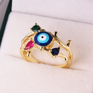 Evil Eye Adjustable Open Ring Copper Gold Plated Cubic Zirconia Butterfly Branch Vintage Jewelry For Women