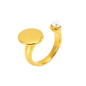 Adjustable gold plated geometric open ring with minimalist pearl and disk design