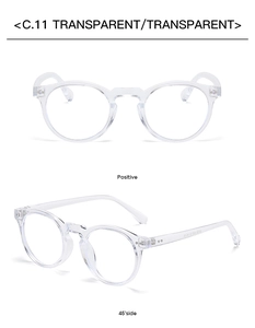 Detailed front and side views of transparent round frame glasses with decorative rivets