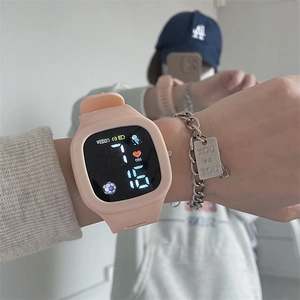 Pink silicone square digital watch for students featuring heart rate and date display