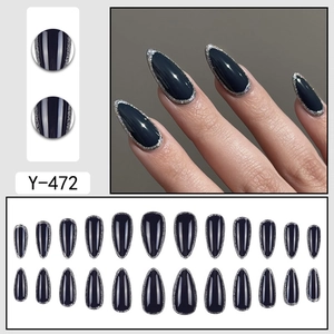 Royal blue almond press-on nails with silver glitter edges, 24 pieces set Y-472