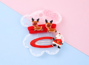 Detail of Christmas hair clips featuring cute reindeer elastic tie and Santa Claus BB clip