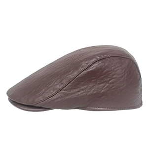 Classic dark brown leather beret hat with pebble texture and flat cap stitching