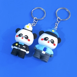 Detail of cute panda keychains in police uniforms made of soft silicone material