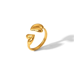 Polished gold adjustable open ring featuring minimalist twin leaf design on white surface
