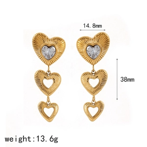 Golden heart earrings with zircon studs showing 38mm length and 14.8mm width measurements