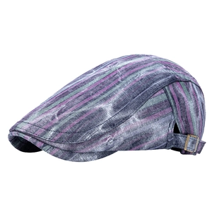 Vintage striped beret with purple and grey patterns and bronze adjustable metal buckle