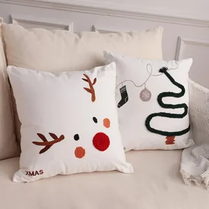Christmas Throw Pillow Cover Plush Reindeer Snowman Santa Claus Embroidery Holiday Home Decor Festive Gift Cushion