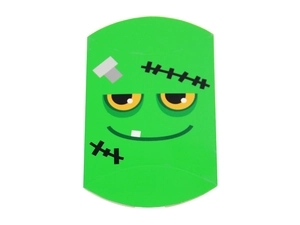 Detail of green Frankenstein pillow box for Halloween candy packaging made of paperboard