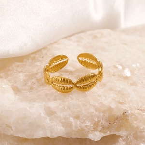 Chunky gold stainless steel shell ring with bohemian adjustable open band design