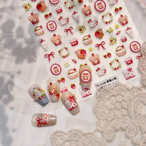 5D embossed strawberry bear nail art stickers with 3D cute cartoon bow designs