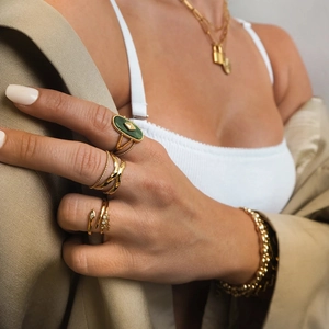 Ensemble de bagues rétro en acier inoxydable plaqué or 18K avec pierre de jade