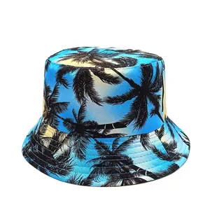 Size guide for a double-sided bucket hat with tropical palm tree print and blue fabric