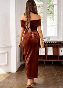 Detailed back view of an elegant brown velvet off-shoulder maxi dress with draped texture
