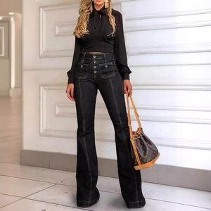 Women's high waist retro black flared jeans with multi-button closure and slim fit design