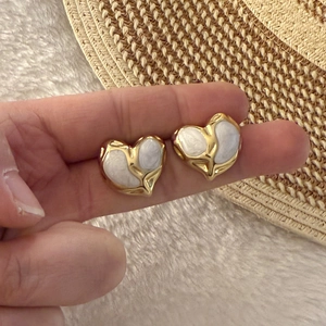 Elegant gold-plated heart stud earrings with pearl white enamel inlay for women
