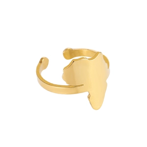 Detailed close-up of golden Africa map silhouette on polished adjustable steel ring