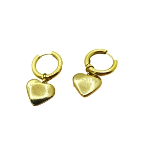 Elegant gold heart earrings in titanium steel with Forever Love engraved pendant