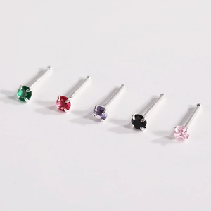 Elegant 5-piece round zircon nose studs in colorful gemstones with silver metal plating