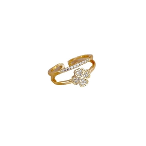 Adjustable gold plated clover ring with sparkling crystals and double layer band
