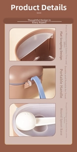 Detail of portable milk powder box featuring leveler design, handle and scoop