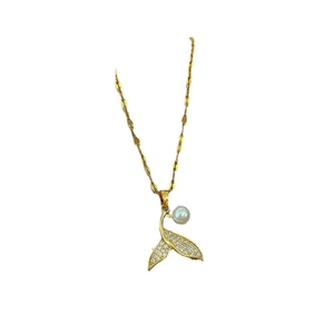 Elegant gold titanium necklace with mermaid tail pendant, white pearl and cubic zirconia
