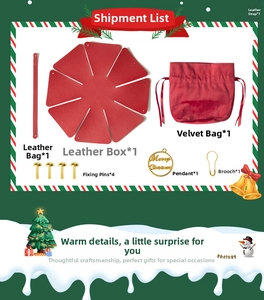 Flat lay of DIY Christmas gift bag kit with leather handle, pouch, and golden charm