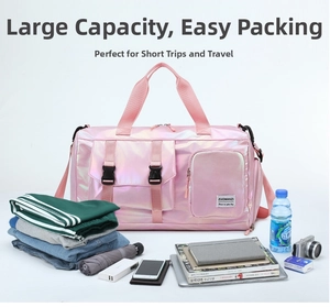 Pink holographic waterproof travel bag showing large capacity with personal items inside
