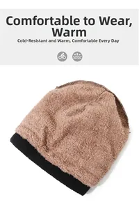Detail of warm knit hat showing thick brown faux fleece lining and black knit texture