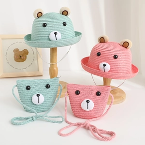 Kids straw sun hat and matching crossbody bag set with cute 3D bear ears in pink and green