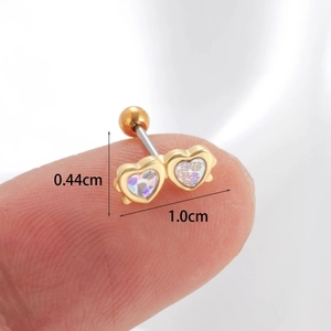 Close-up of double heart stud earring in gold showing 1.0cm width and 0.44cm height