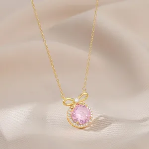 Nischen Design Schleife Anhänger Halskette Für Damen Echtgold Plattiert Kupfer Schlüsselbeinkette Mit Rundem Zirkonia Schmuck