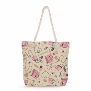 Nurse themed canvas tote bag with medical pattern prints and sturdy white hemp rope handles