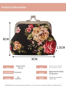 Detailed size specifications of retro floral kiss-lock coin purse with PU leather texture