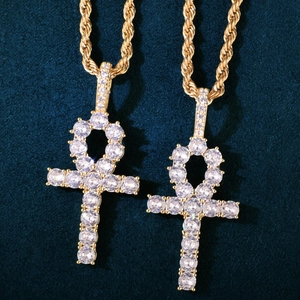 Hip hop gold plated Ankh cross pendant necklace with sparkling cubic zirconia inlay