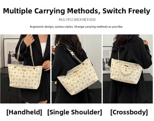 Detail view of the beige chain tote bag showing three versatile carrying styles