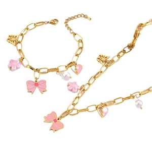 Pink enamel bow and butterfly jewelry set with pearl necklace and bracelet gold-plated