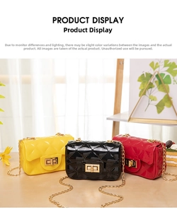 Detailed close-up of quilted mini jelly bags in yellow, black and red with gold chains