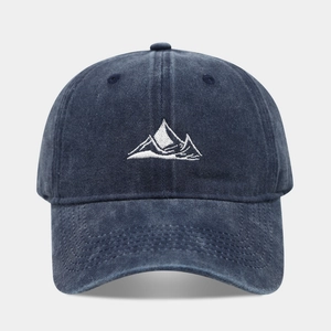Unisex washed cotton baseball cap with mountain embroidery and 6-panel structure