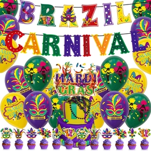 Mardi Gras Party Decoration Banner Cake Toppers Latex Balloons Brazil Carnival Celebration Cardboard Props