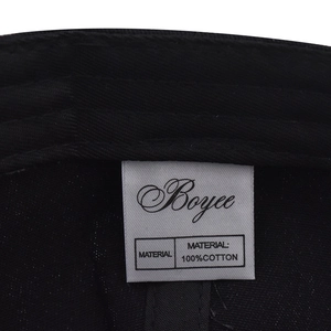 Detail shot of the internal 100% cotton material and Boyee brand care label on black cap