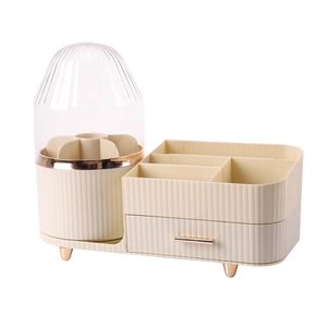 Rotating cosmetic storage box with dustproof dome and rose gold accents for desk