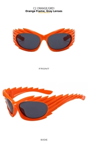 Y2K avant-garde orange flame sunglasses with grey lenses in front and side views