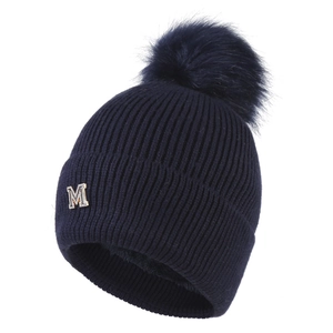 Berretto in maglia blu navy foderato in pile con pompon in pelliccia e logo M lucido