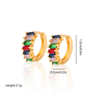Detailed view of gold hoop earrings with colorful zircon stones and size measurements
