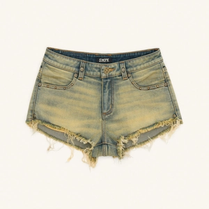 SMFK Distressed Vintage Wash Blue Denim Shorts with Raw Frayed Hem and Ripped Details